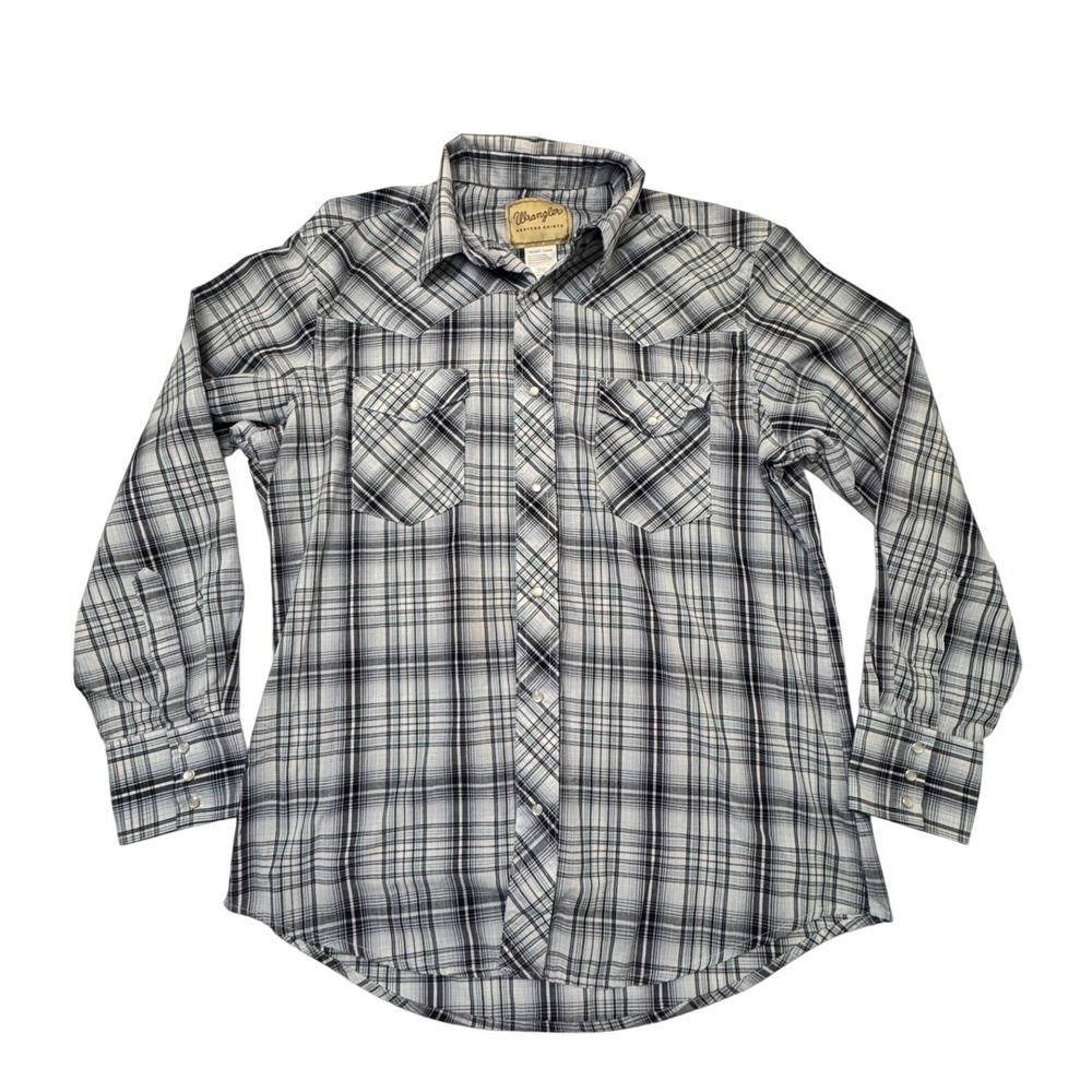 Wrangler Western Shirt Mens Large Blue Black Plaid Pearl Snap Long Sleeve